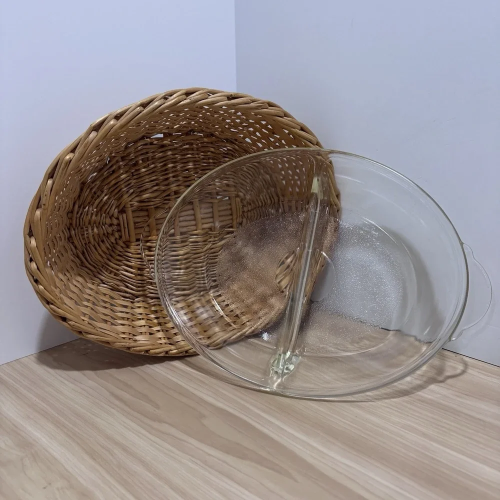 VTG Clear Glass Glasbake Divided Casserole Dish #239 w/Woven Wicker Basket Oval